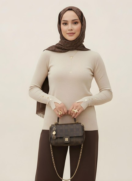 Pamuklu Kol Detaylı Body - Bej