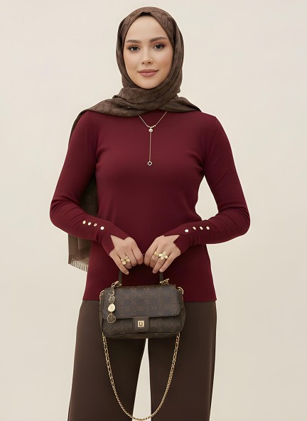 Pamuklu Kol Detaylı Body - Bordo