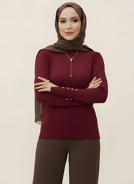 Pamuklu Kol Detaylı Body - Bordo