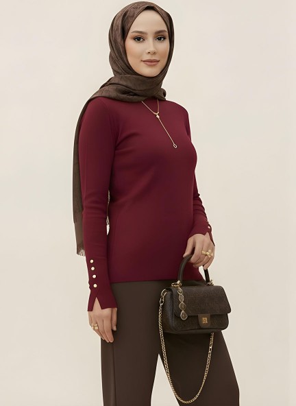Pamuklu Kol Detaylı Body - Bordo