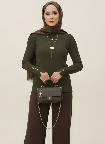 Pamuklu Kol Detaylı Body - Haki