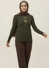 Pamuklu Kol Detaylı Body - Haki