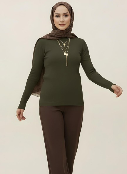 Pamuklu Kol Detaylı Body - Haki