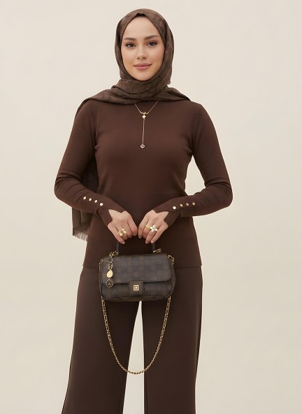 Pamuklu Kol Detaylı Body - Kahverengi