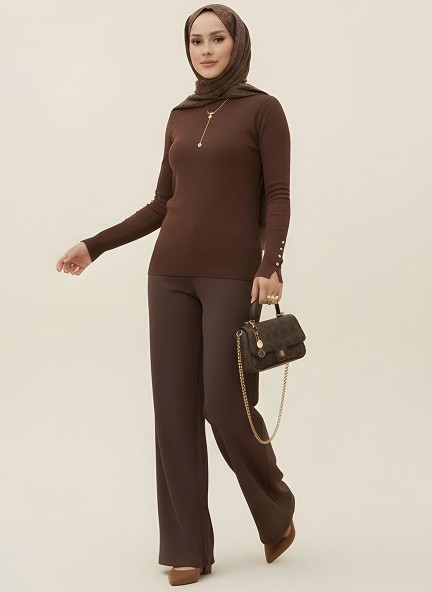 Pamuklu Kol Detaylı Body - Kahverengi