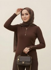 Pamuklu Kol Detaylı Body - Kahverengi