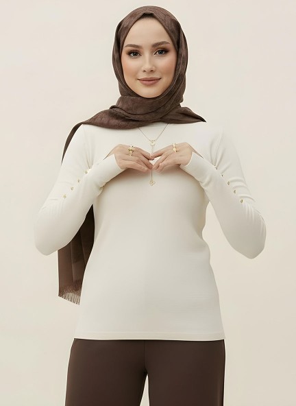 Pamuklu Kol Detaylı Body - Krem