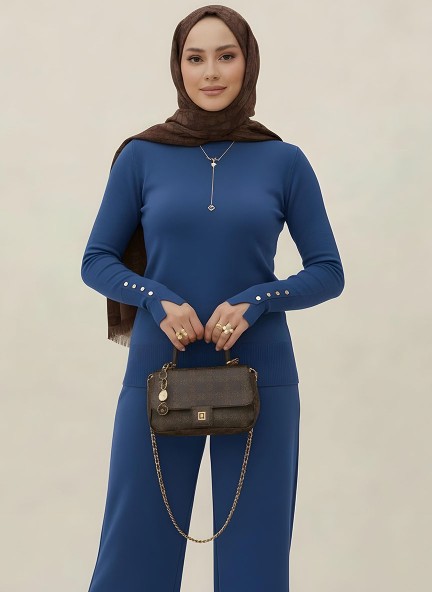 Pamuklu Kol Detaylı Body - Mavi