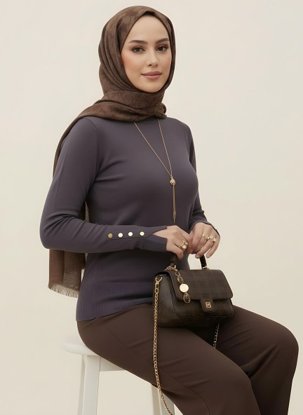 Pamuklu Kol Detaylı Body - Mürdüm