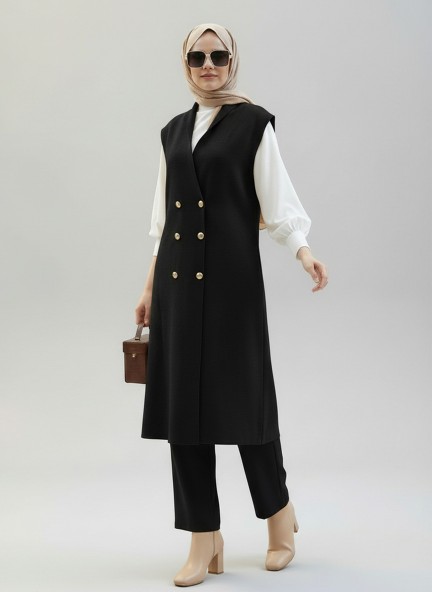 Çift Çelik Örme Yelek - Siyah